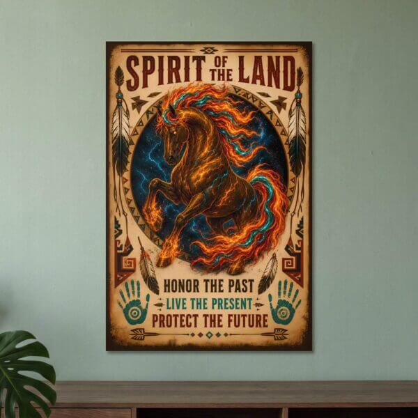 Fiery horse poster with inspirational Native-style text